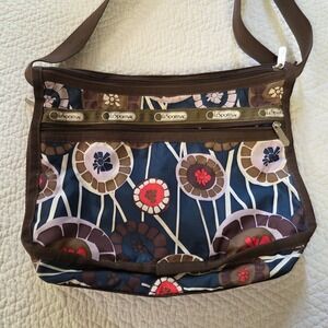 LeSportsac Deluxe Everyday Bag Floral Abstract Brown Navy Blue Crossbody Purse